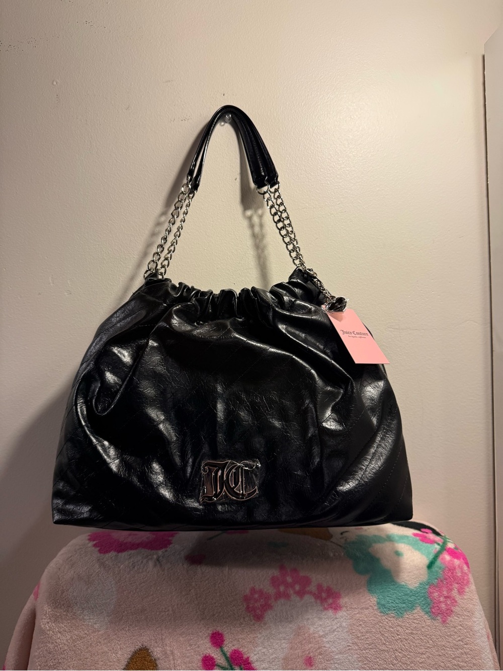 Juicy Couture Soft Spoken Tote bag color licorice black with silver chain NWT